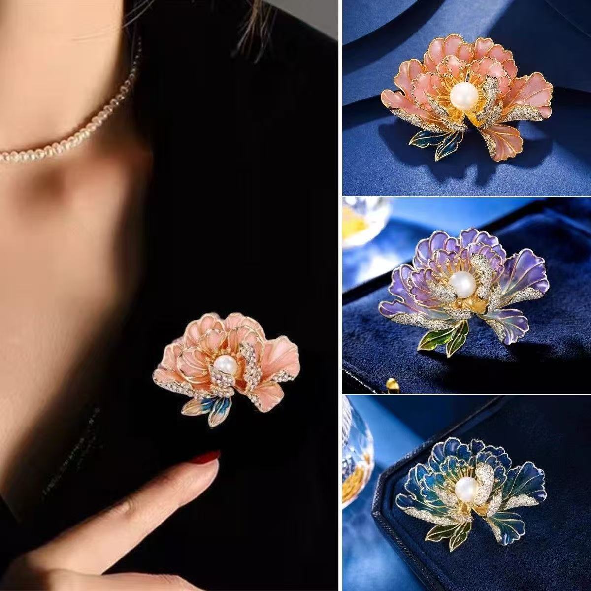 High-End Chinese-Style Diamond-Encrusted Peony Brooch, Rhinestone Classy Corsage, Cheongsam Accessories, Corsage Pin, Anti-Exposure Buckle