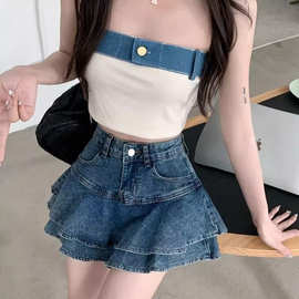 小个子高腰牛仔半身裙女夏季新款辣妹复古拼接设计感荷叶边a字裙