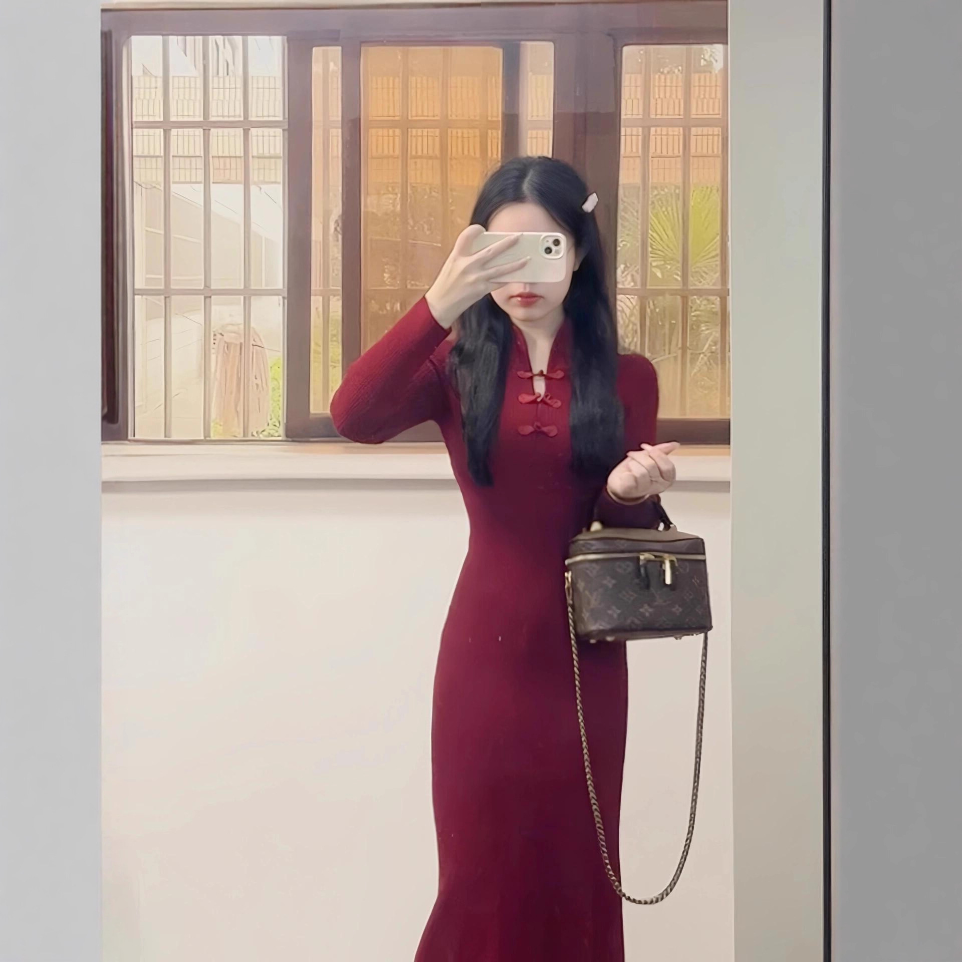 [Ready Stock] New Chinoiserie Cheongsam Knitted Dress for Women Autumn and Winter New Style Buckle Bottoming Fishtail Sweater Dress