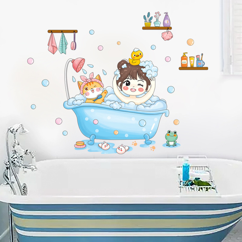 Cartoon Bathtub Bathroom Decoration Wall Stickers Self-Adhesive Wall Stickers Waterproof Stickers Bathroom Stickers Creative Wall Customization