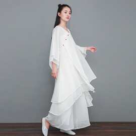 中风连衣裙长款禅意茶服仙气素衣禅修服疗愈养生冥想服美容师