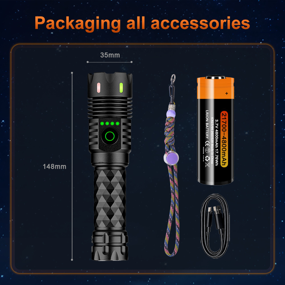 BD-A6 손전등 블랙 세트(손전등 + 데이터 케이블 + 21700 리튬 배터리 4800mAh)