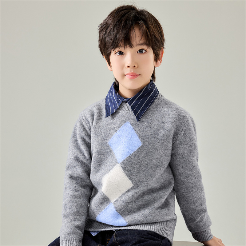 100% Pure Wool Knit Sweater for Boys, Thick and Warm, Retro Diamond Pattern Knit Base Layer