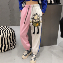 韩版拼接卡通撞色加绒加厚休闲裤女冬季大码宽松运动抽绳束脚卫裤