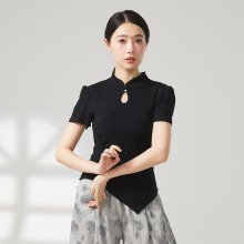 2024夏季新款古典舞服新中式T恤立领镂空上衣不对称短袖