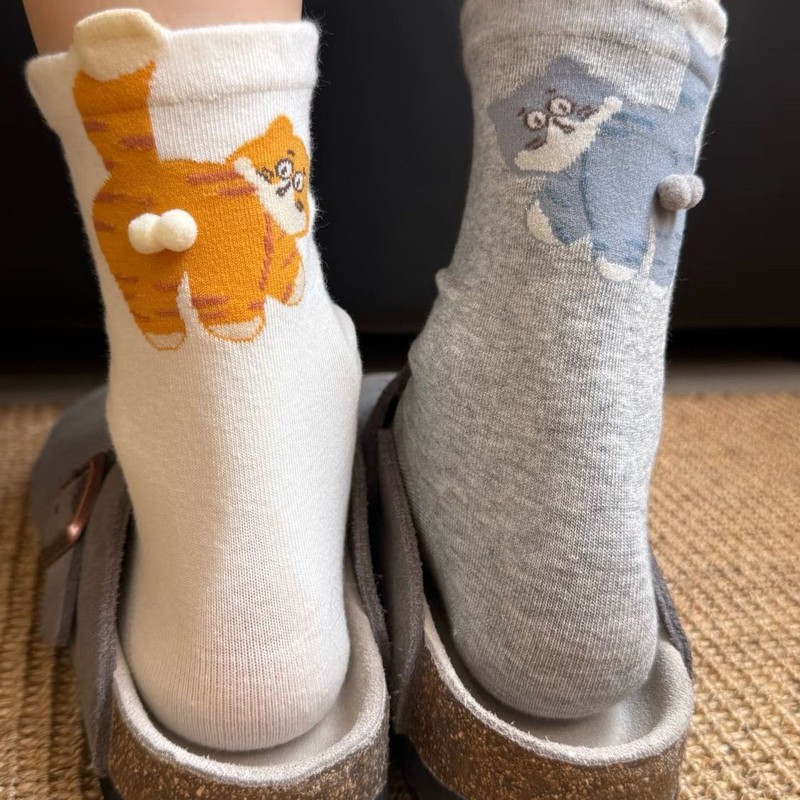 捣蛋猫猫蛋蛋中筒袜女抽象可爱夏季新款袜子女趣味设计搞怪长筒袜|undefined