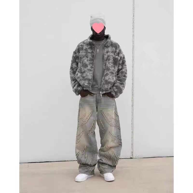 Vintage Embroidered Straight Leg Jeans For Men & Women – Relaxed Fit, Streetwear Fashion, Cotton Denim Pants (Black, Blue-Yellow)​_mkmklike.com