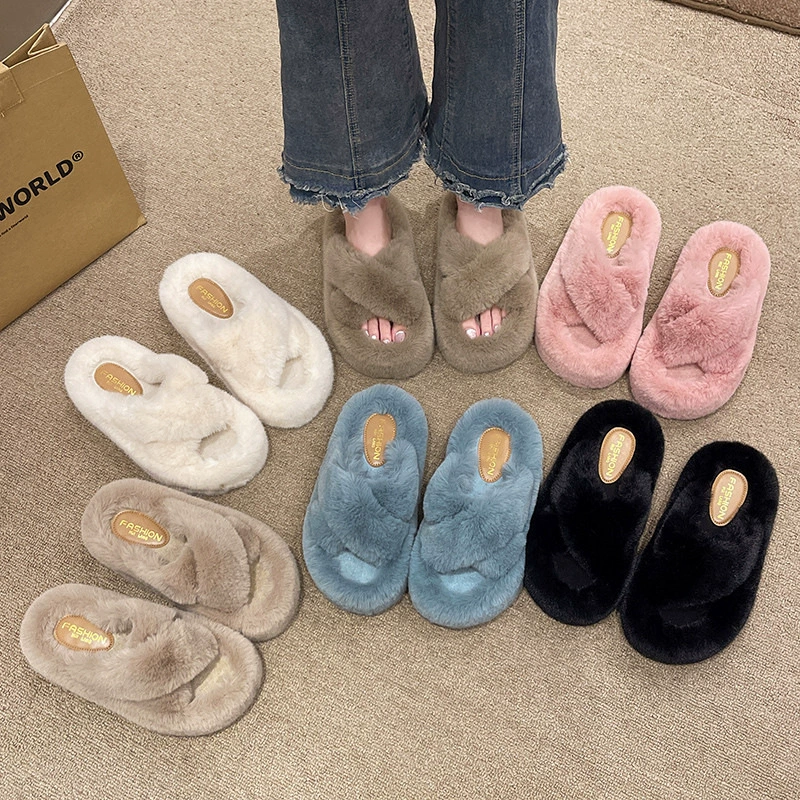 Осень-зима 2022, новые крестики 7cm Меховые тапочки, женская верхняя одежда, модные домашние теплые хлопковые тапочки с открытым носком, модные