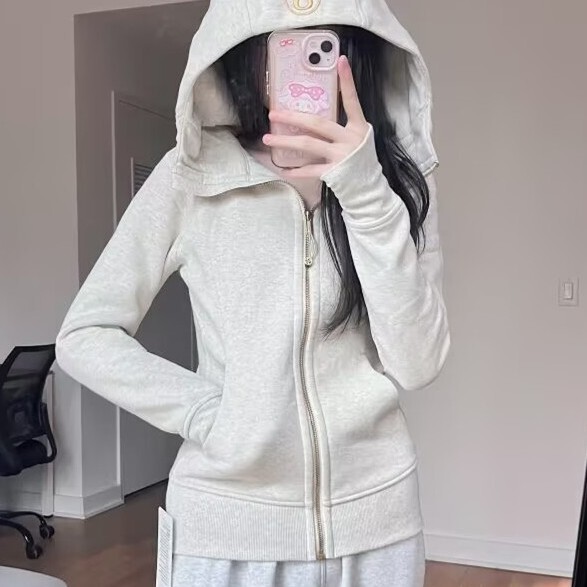 Lulu Original Label Embroidered Scuba Slim Fit Gold Zipper Thin Velvet Hooded Cardigan Sweatshirt Casual Sports Jacket for Women Lulu Original Label Embroidered Scuba Slim Fit Gold Zipper Thin Velvet Hooded Cardigan Sweatshirt Casual Sports Jacket for Women