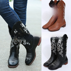 巨緹代發外貿長靴2021冬季歐美外貿平底大碼繡花向日葵圖長靴