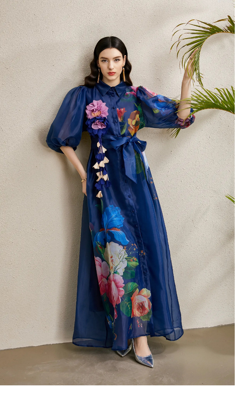 Đầm maxi nữ thắt eo phong cách Pháp tay phồng in hoa lưới — trắng, màu xanh đậm, mơ chi tiết 5