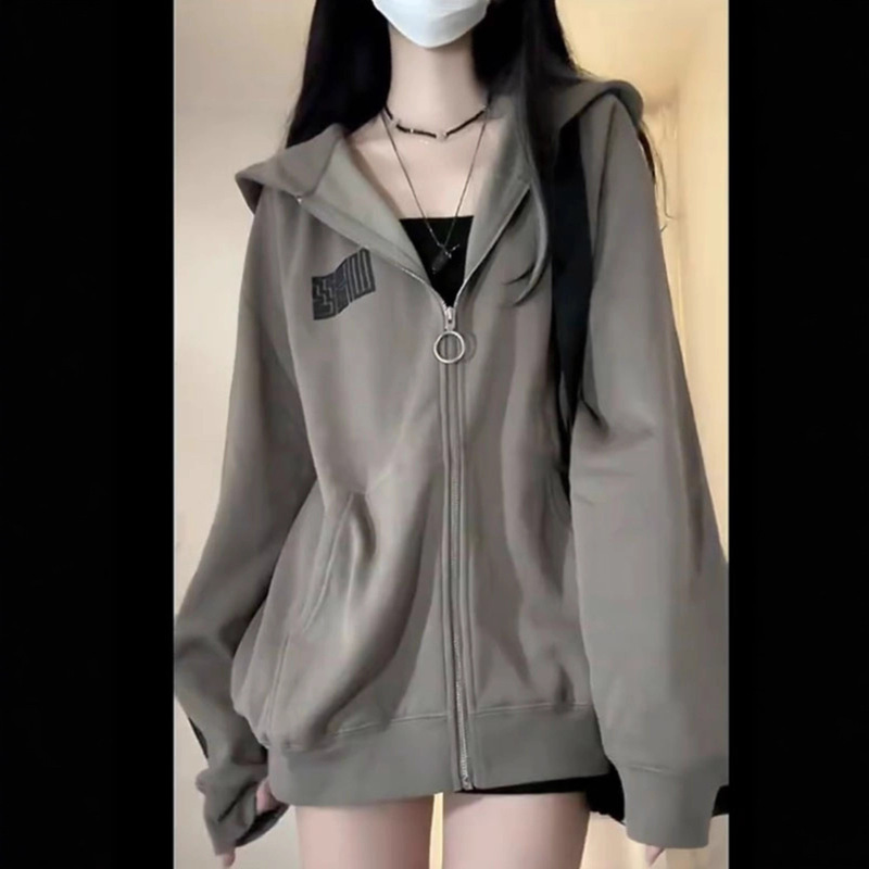 美式复古潮牌连帽卫衣女夏季oversize宽松慵懒风薄款拉链开衫外套|undefined