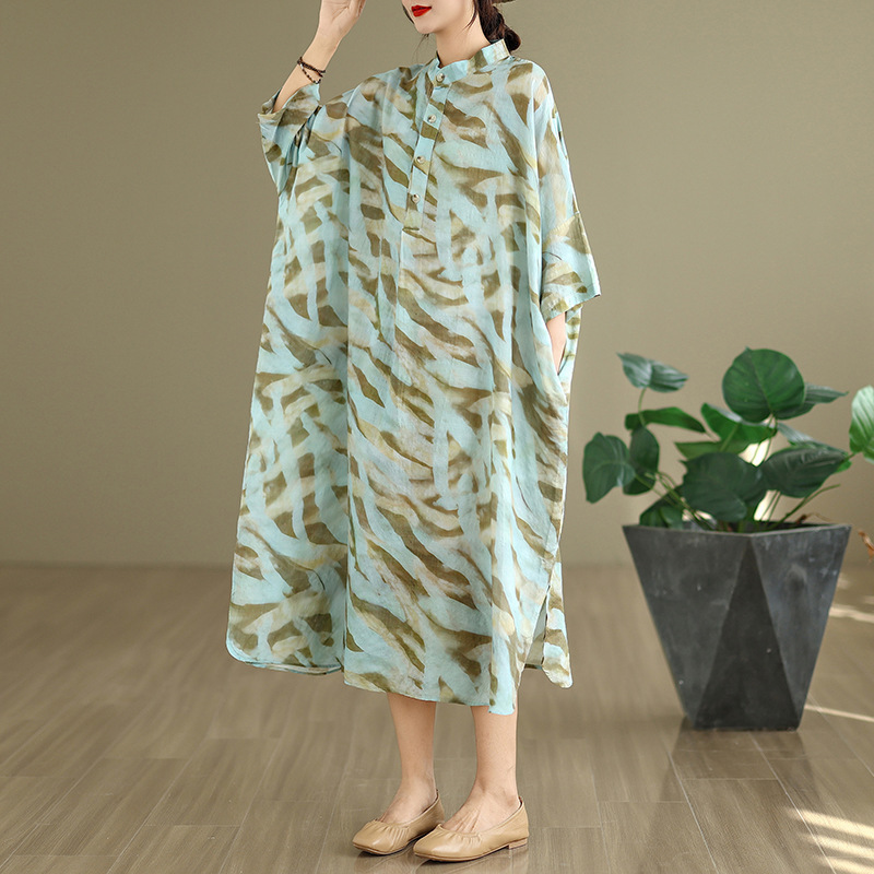 Autumn New Large-Size Foreign Trade Elegant Vintage Cotton-Linen Printed Stand-Collar Loose Long Vacation Dress