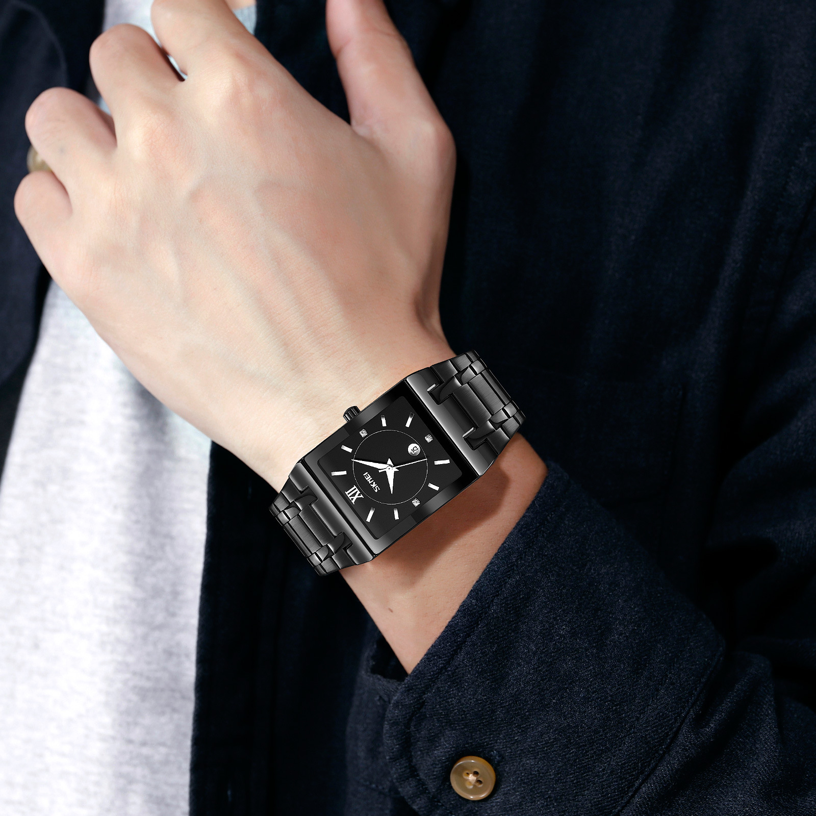 Momento calendario cuadrado americano reloj de hombre correa de acero impermeable ligero reloj de pulsera de negocios regalos personalizados mayoristas de comercio exterior