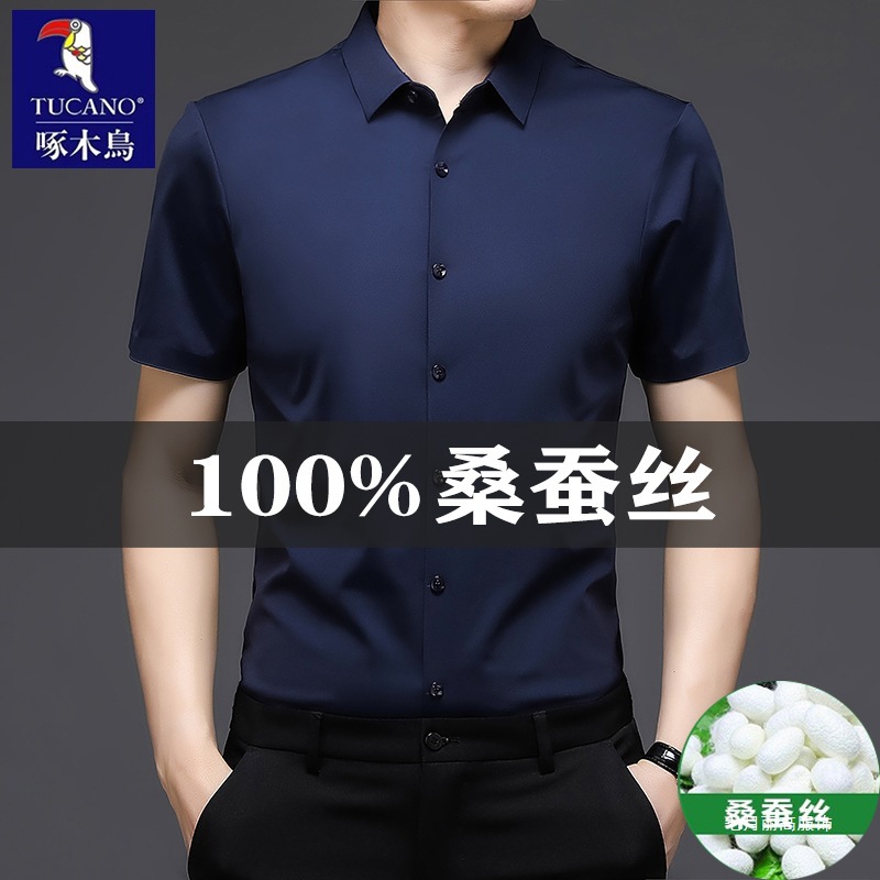 啄木鸟桑蚕丝无痕短袖衬衫男2026夏季新款商务正装免烫休闲衬丽高