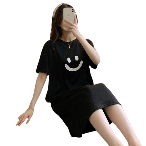 Internet celebrity live broadcast short-sleeved nightgown for women summer mid-length over-the-knee casual large size loose solid color smiling face home wear