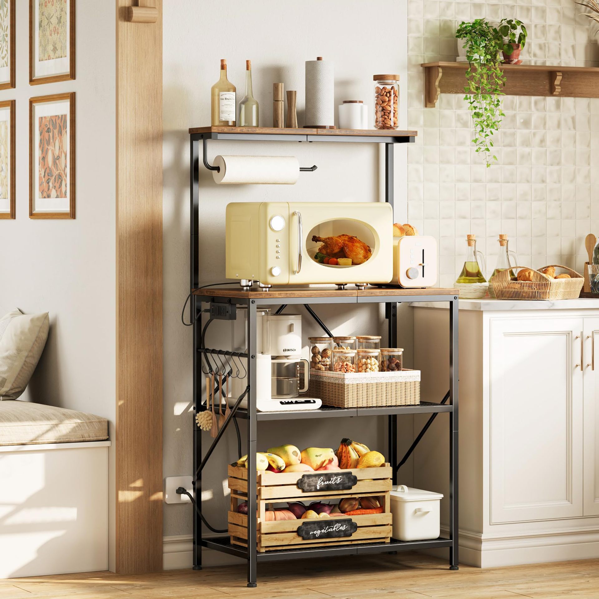Cross-Border Kitchen Microwave Oven Rack, Floor-Standing Multi-Layer Microwave Rack with Socket and Paper Towel Storage Rack