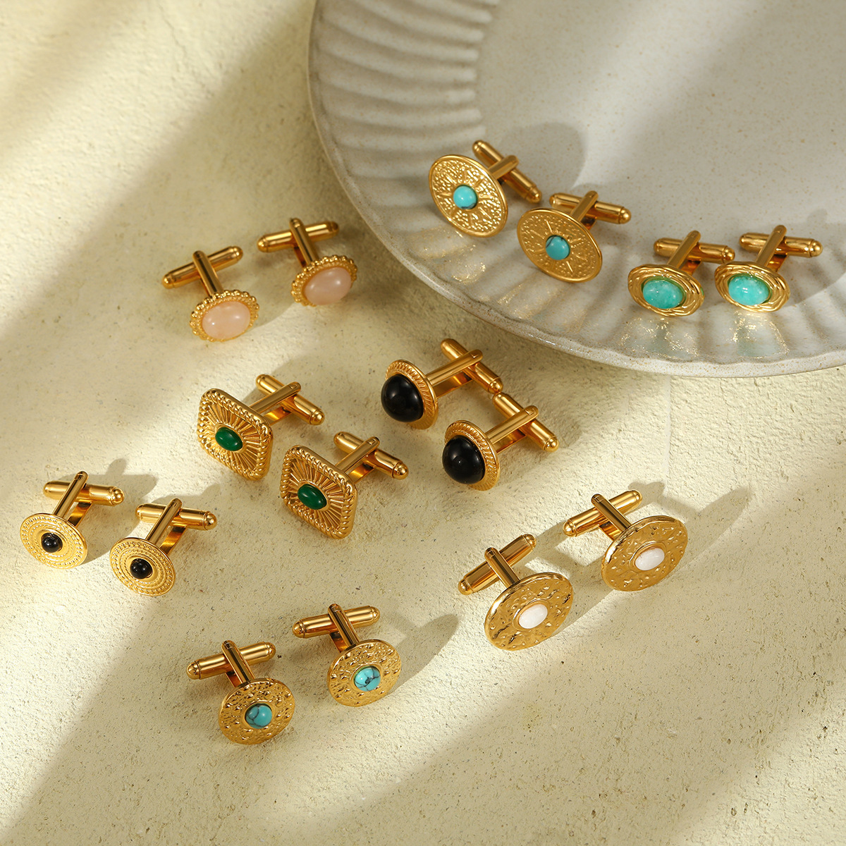 Fashionable New Jadeite Stainless Steel Cufflinks, Light Luxury, Versatile, Trendy, French Style Shirt Titanium Steel Cufflinks, Direct Manufacturer Sale