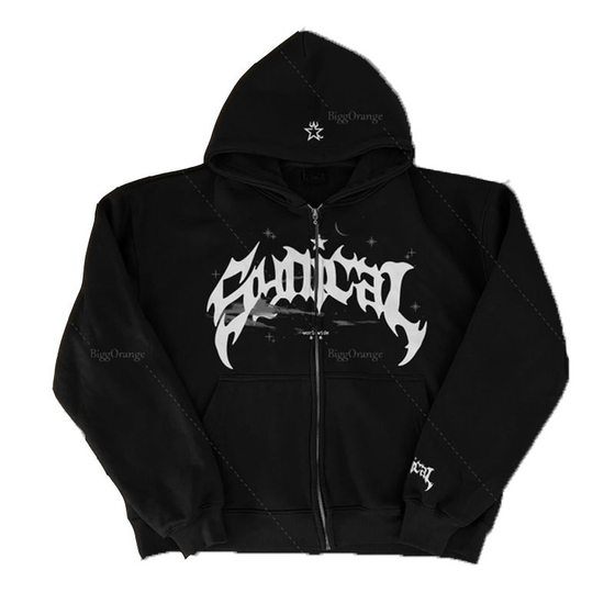 2023 New American Style Retro Zipper Sweater Gothic Letter Star Printed Hoodie Trendy Men's Casual Jacket