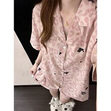 粉色豹纹高级感睡衣女夏季短袖短裤开衫套装少女休闲可外穿家居服