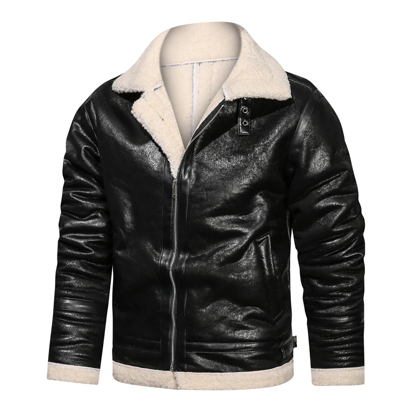 boy Men's Turn-Down Collar Lamb Wool Plus Size Cross-Border Thickened Warm Motorcycle Jacket Retro European And American_voghion.com