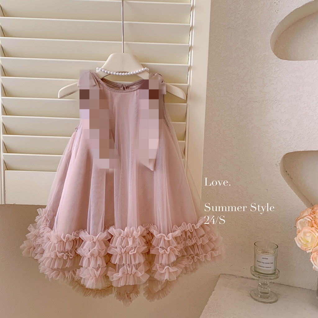 2023 Summer Korean Style Girls' New Sleeveless Shoulder Bow Mesh Princess Dress Kidsren's Mid-Length Skirt Trendy