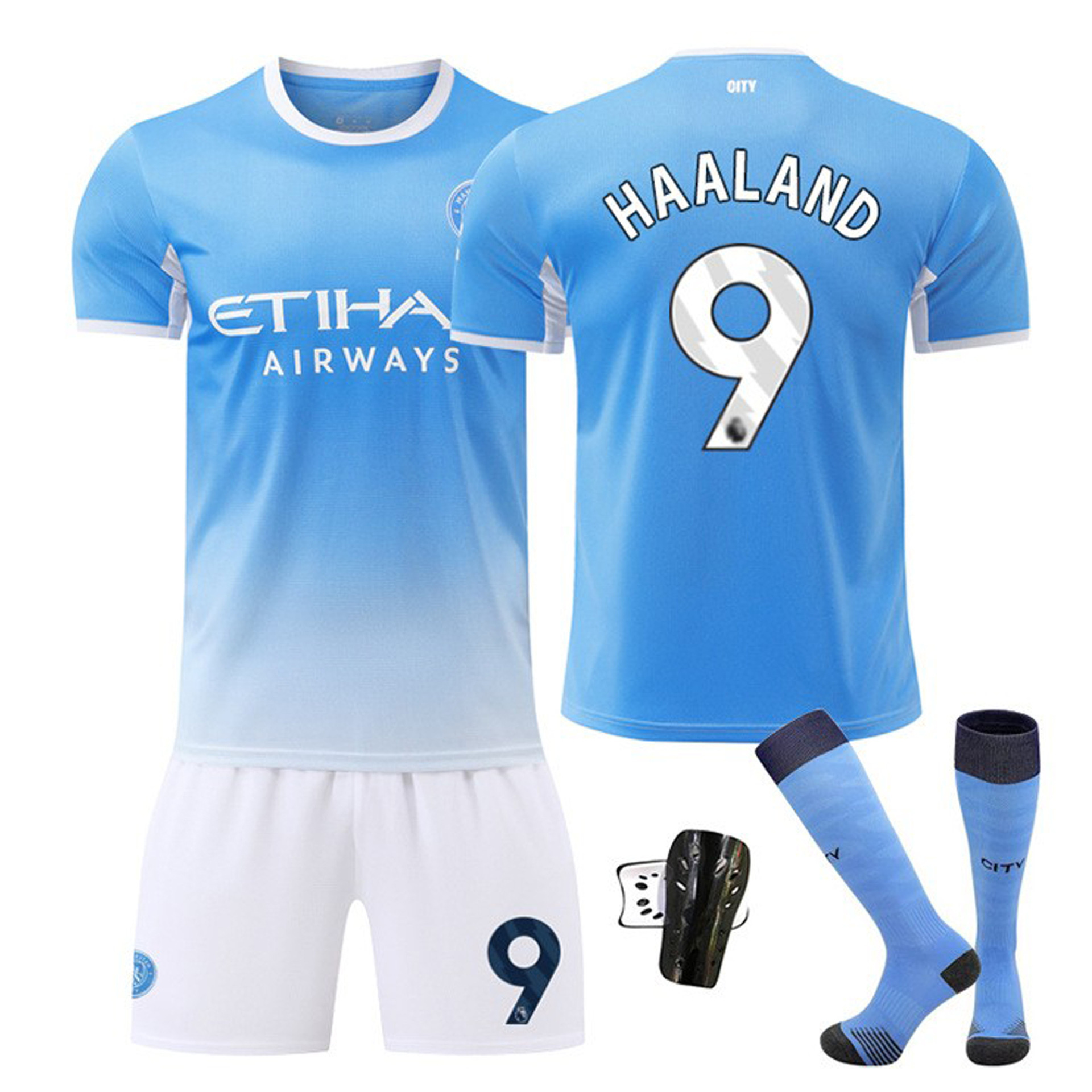 26-27 Manchester City home jersey set with numbers 9 Haaland, 47 Foden, 10 Sarkeri, 7 Marmoush football uniforms