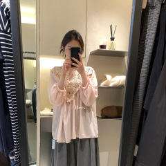 Hers一勺甜精致复古蕾丝拼接小衫女2025秋季新款气质V领上衣92238