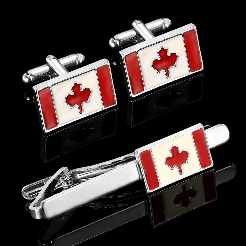 Fashion Canadian Flag Maple Leaf Cufflinks Men's Business French Shirt Cuff Nail Tie Clip Suit Accessories_voghion.com