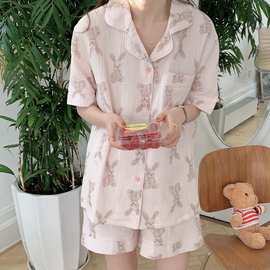 实拍韩国ins2022新款时尚睡衣套装可爱粉色兔子短袖短裤家居女潮