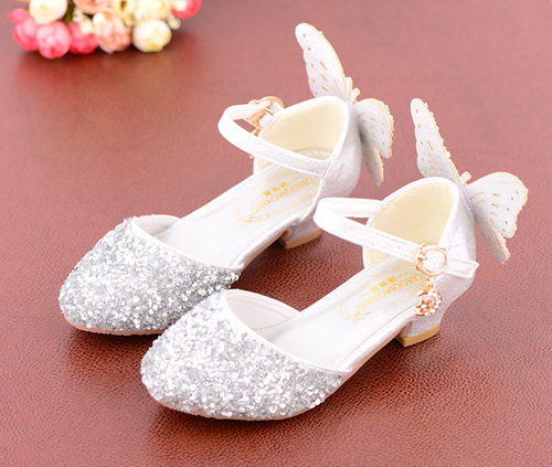 New Children's Princess Shoes Crystal Shoes Student Dance Performance Shoes Silver Girls' Leather Shoes High Heel Children's Shoes
