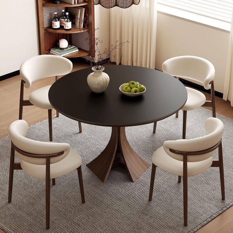 Round Dining Table, Retro Mid-Century Style, Nordic Solid Wood Slate Dining Table, Simple and Luxurious, Suitable for Small Households, Cream-Colored Dining Table Round Dining Table, Retro Mid-Century Style, Nordic Solid Wood Slate Dining Table, Simple and Luxurious, Suitable for Small Households, Cream-Colored Dining Table