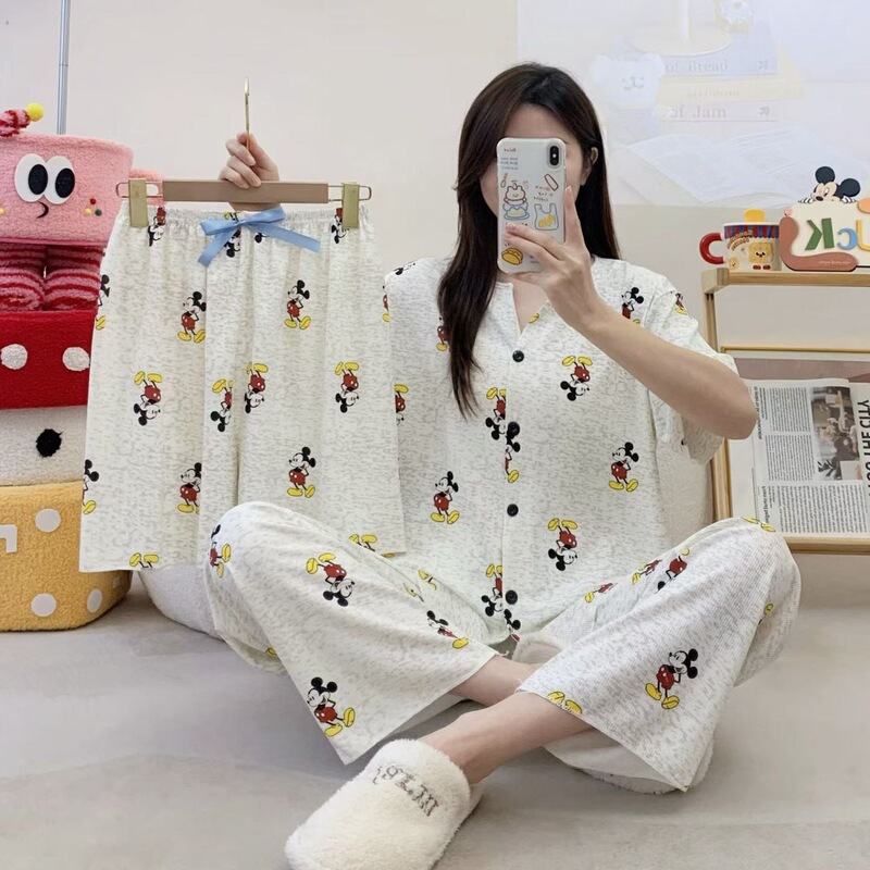 Korean and Japanese fashion ribbed ice silk three-piece set, sweet women's pajamas, comfortable home wear set, summer internet celebrity hot item