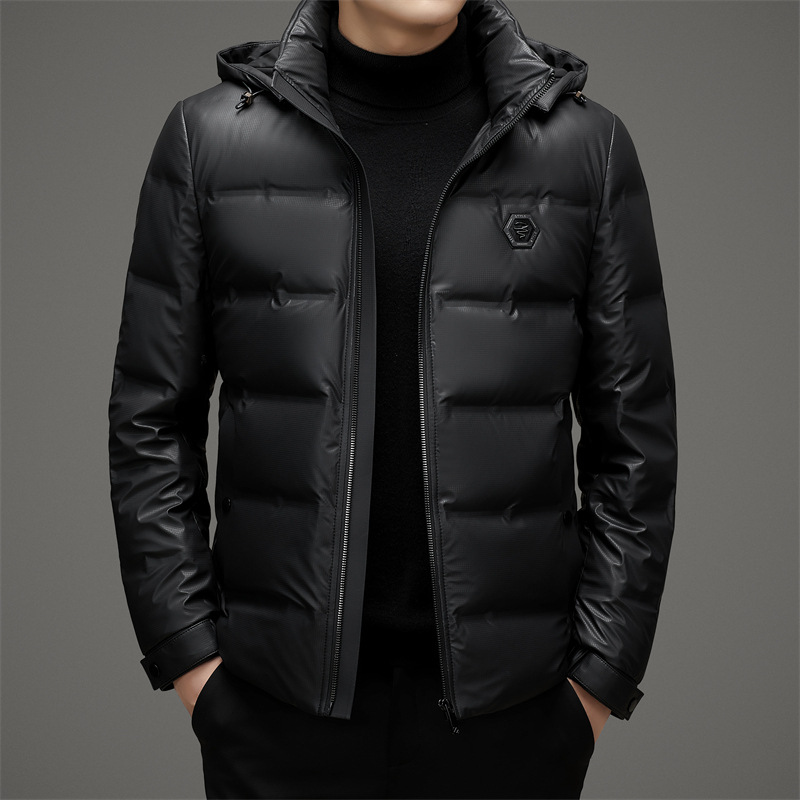 羽绒服男士短款PU皮冬季加厚保暖男装休闲潮脱卸帽白鸭绒冬季保暖