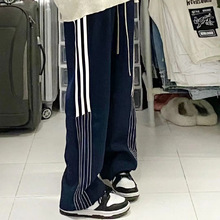 【官图】   美式春季复古条纹运动卫裤女宽松潮直筒休闲阔腿裤