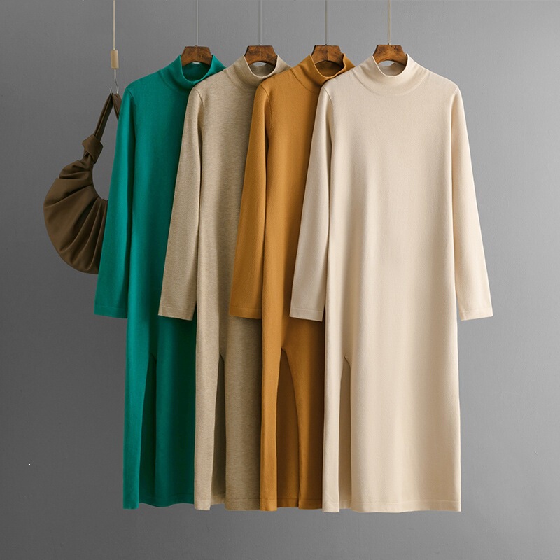 Half-High Collar New Style Knitted Dress for Women 2024 Autumn and Winter Solid Color Slit Long-Sleeve Base Layer Sweater Dress Half-High Collar New Style Knitted Dress for Women 2024 Autumn and Winter Solid Color Slit Long-Sleeve Base Layer Sweater Dress