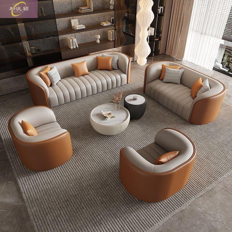 Italian-Style Light Luxury Leather Sofa and Coffee Table Set for Hotel Lobby, Lounge Area, Reception Room, and Sales Office