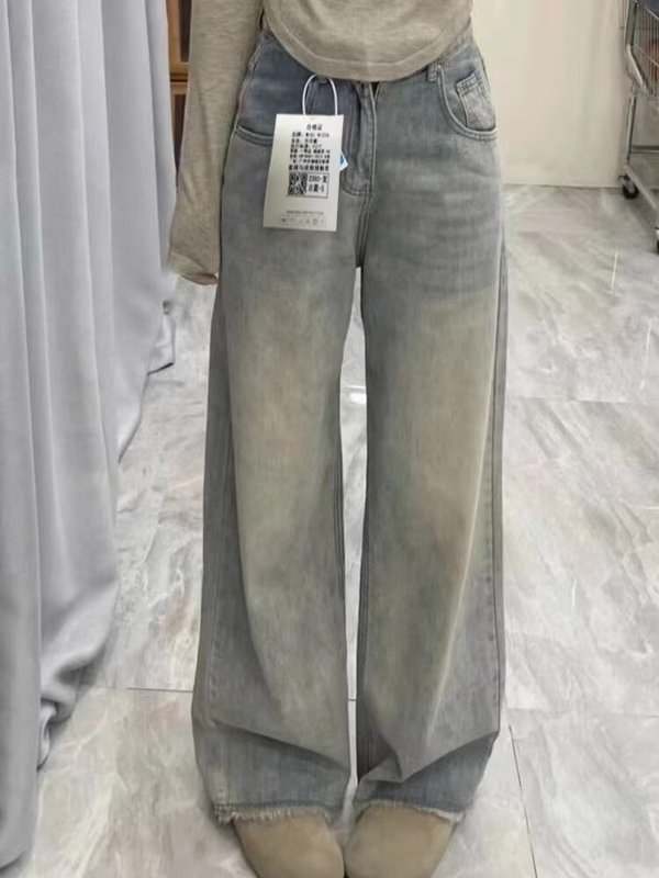 レトロな毛の縁のまっすぐな筒のジーパンの女性の春秋の新型のナシの形の体つきの大きいサイズの高腰はやせています。|undefined
