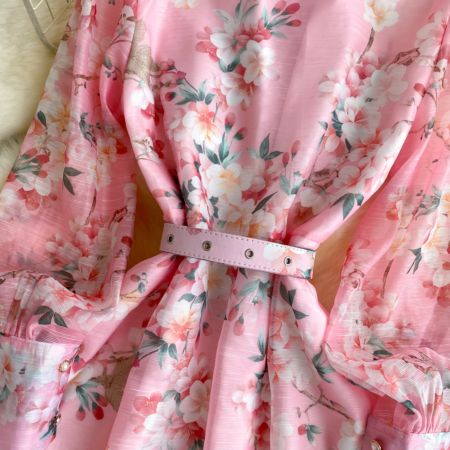 Women's French Style Printed Dress Fitted Openwork Long Sleeves Lapel Collar Tie Waist A-Line Long Skirt for Commuting_ecoleips.com