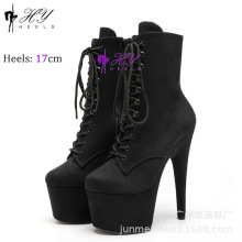 17cm黑色绒面钢管舞高跟鞋圆头低筒靴高端t台模特走秀恨天高靴子