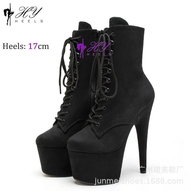 17cm黑色绒面钢管舞高跟鞋圆头低筒靴高端t台模特走秀恨天高靴子