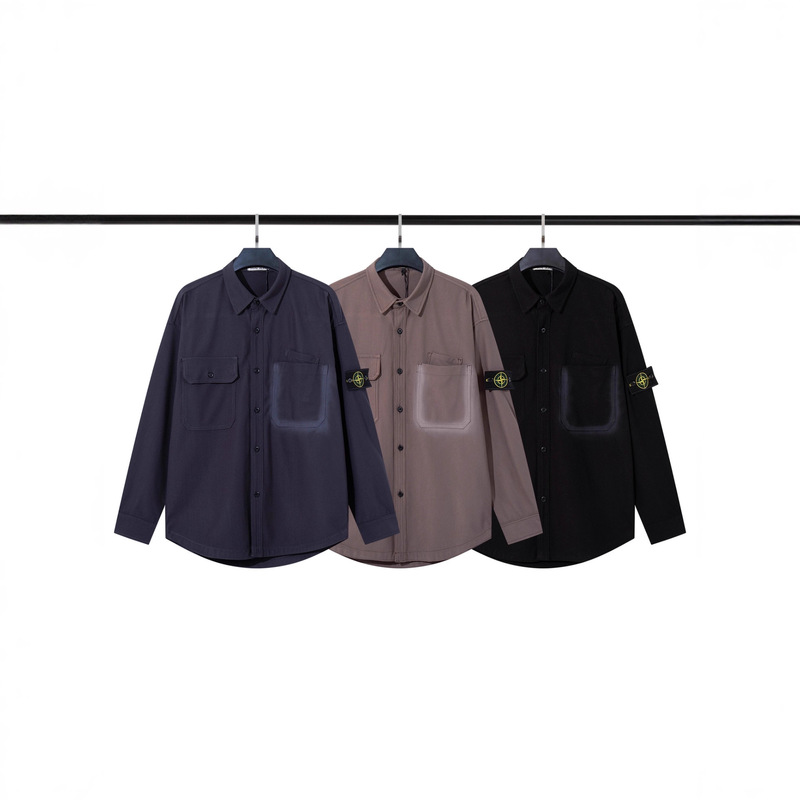 Cross-Border Stone Stone Island Logo Armband Long-Sleeved Shirt Men's Autumn and Winter Loose Workwear Lining Flap Pocket Pants Washed Spray Paint