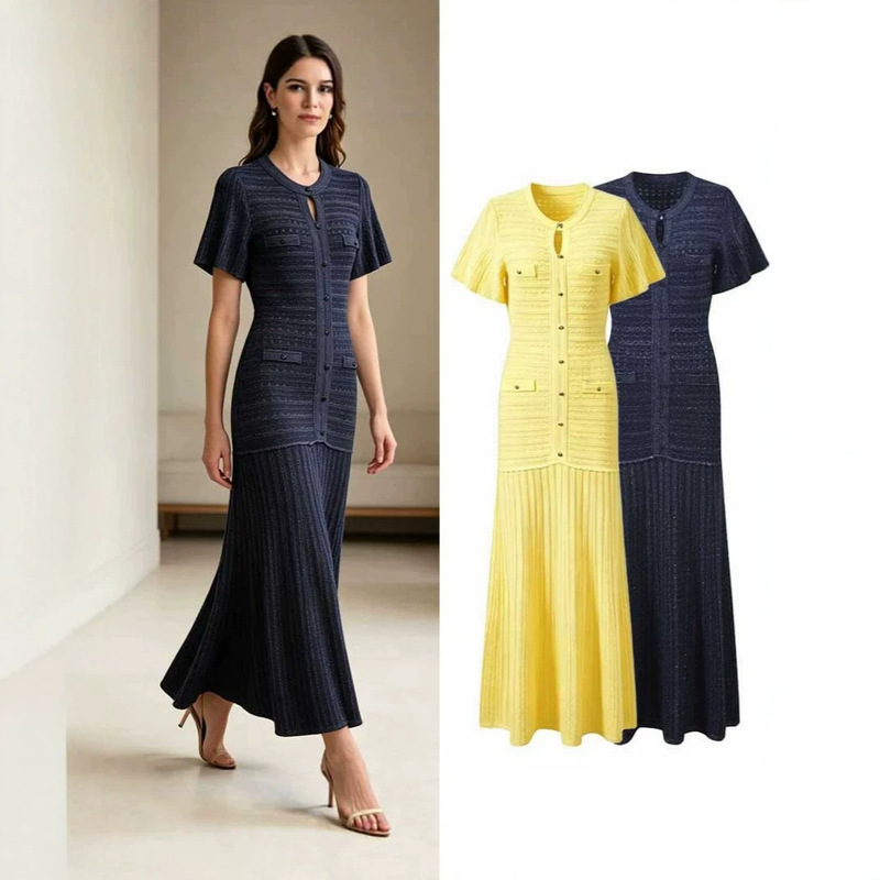 S Cross-Border European and American Summer New Women's Clothing, Hollow-Out Long Dress, French Elegant Style, Round Neck, Short-Sleeved Knitted Dress