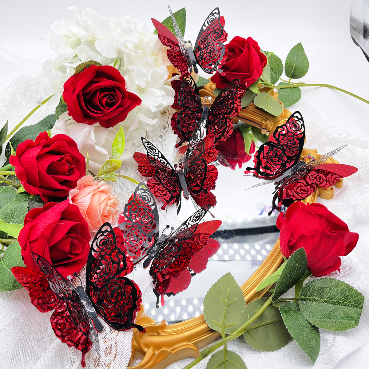 Schwarze und rote, hohle Valentinstag-Serie: Glitzernde 3D-Schmetterlings-Wandaufkleber, 6er-Set_voghion.com