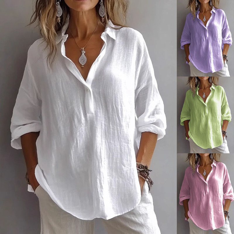 European and American 2025 Spring and Summer New Pure Color Casual Loose Button V Neck Shirt Tops Amazon Shirt Women