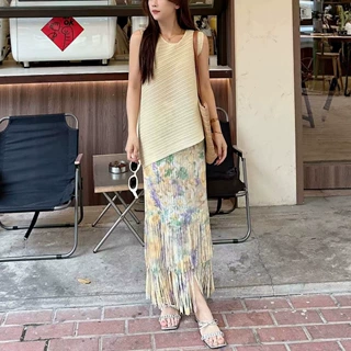 直播爆款精致套装设计感宽松不规则无袖T恤流苏半身裙三宅两件套