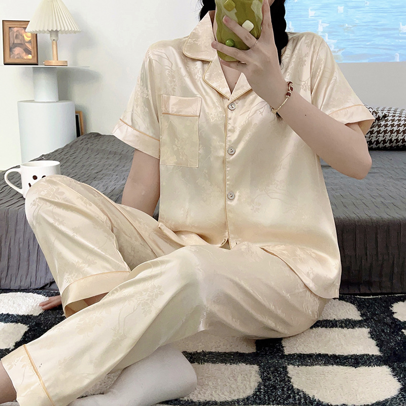 여성을 위한 라이브 방송 인기 여름 잠옷, 카디건, 캐주얼 고급 자카드 모조 실크 여성 홈웨어, 외부에 착용 가능한 슈트