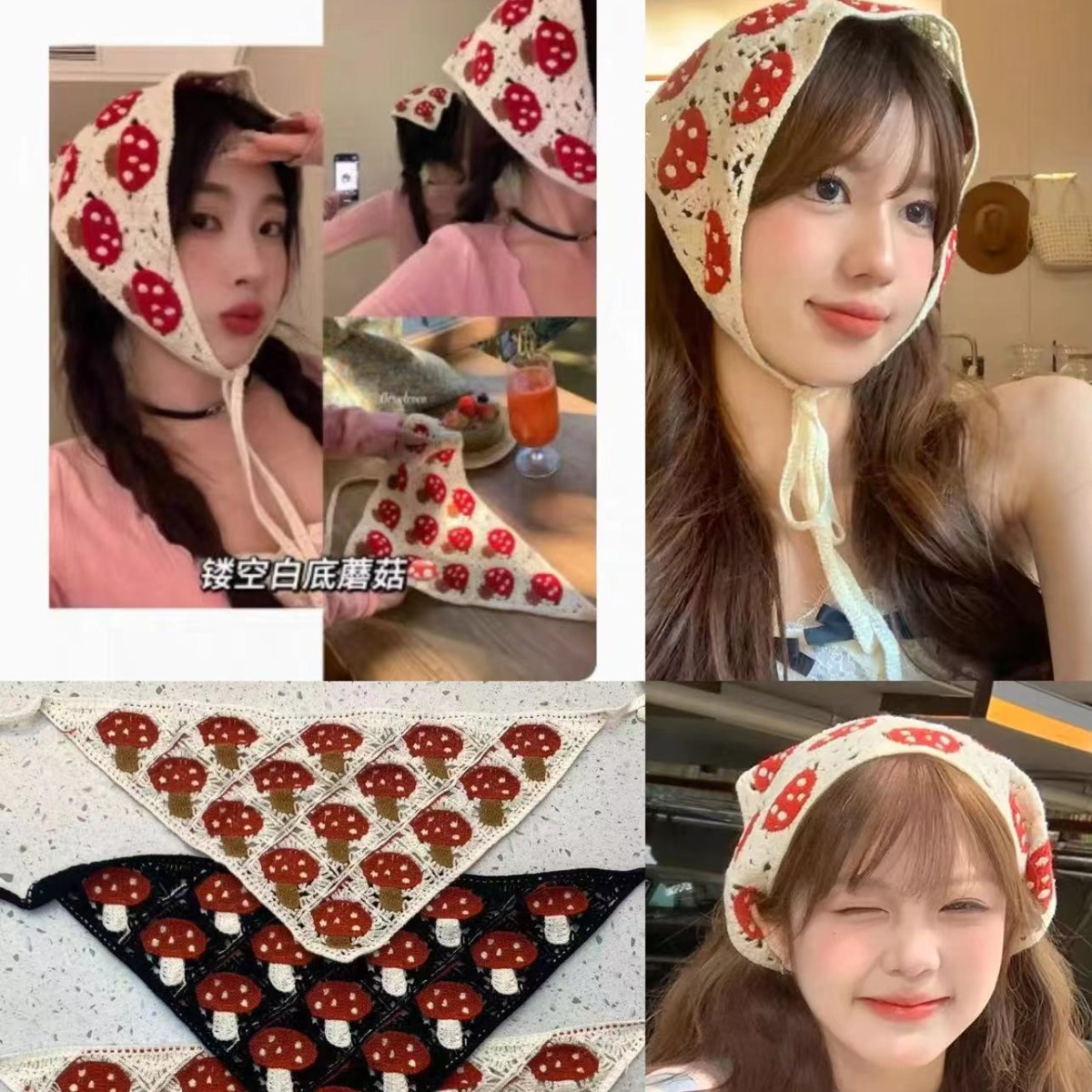 日系手工鈎花頭巾女純色甜美ins法式三角巾包頭網紅針織髮帶頭帶