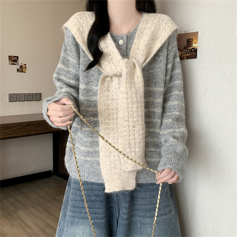 韩系撞色条纹圆领披肩针织开衫女秋冬新款宽松大码慵懒风毛衣外套|undefined