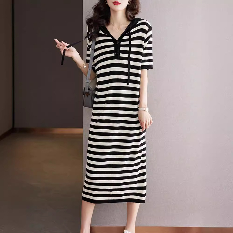 24 Hooded Stripesd Ice Silk Knitted Dress, Slim and Slim, Summer Figure-showing Long Skirt for Tall People